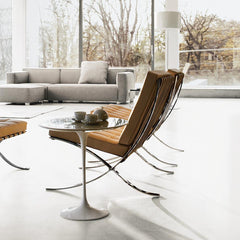 Knoll Barcelona Chairs in Room with Saarinen Side Table and Barber Osgerby Sofa