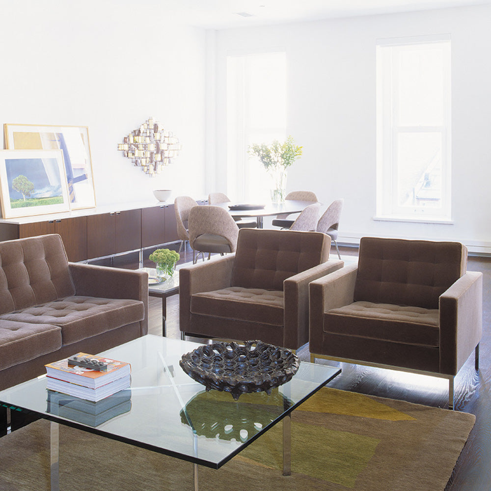 Knoll Barcelona Coffee Table in living room with Florence Knoll Sofa and Chairs