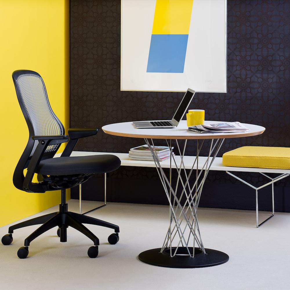 Knoll Bertoia Bench White with Yellow Cushion in Office with Noguchi Cyclone Table and Regeneration Chair