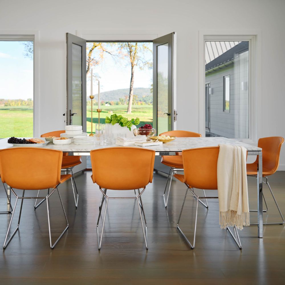 Knoll Bertoia Leather Side Chairs with Florence Knoll Marble Dining Table
