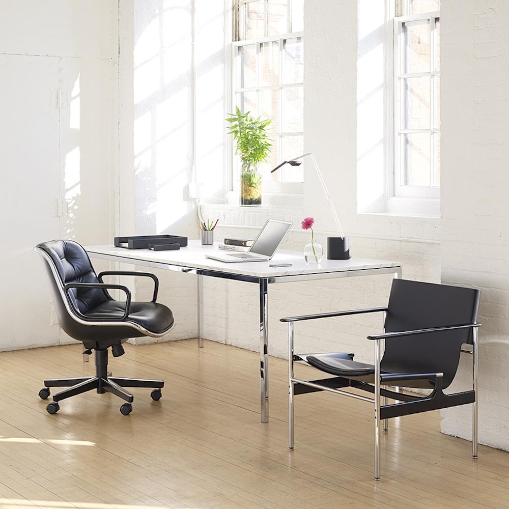 Knoll Pollock Executive Chair and Pollock Arm Chair in home office with Florence Knoll Marble Desk