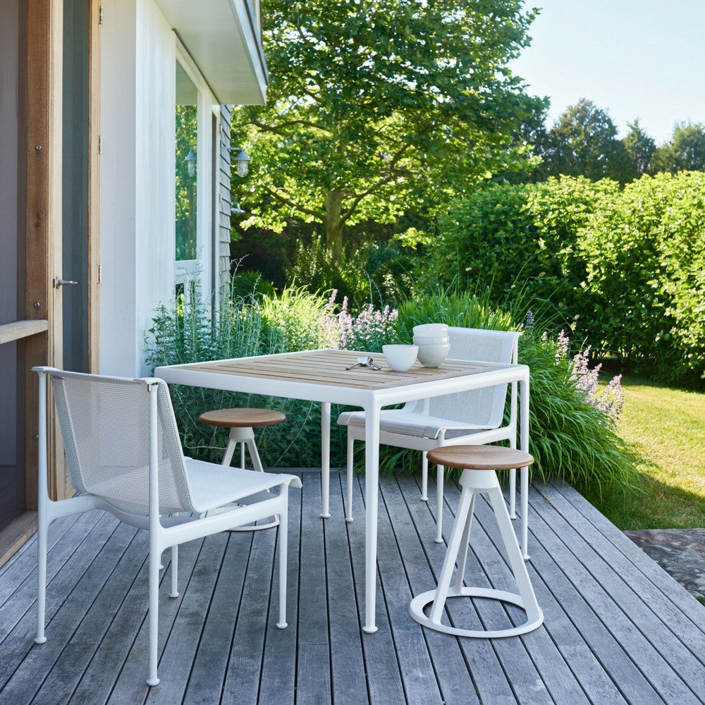 Richard Schultz Dining Chairs and Dining Table Outdoors with Barber Osgerby Piton Stools