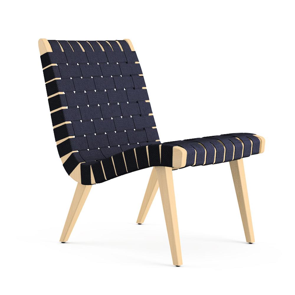 Knoll Risom Lounge Chair Armless Navy Cotton Webbing with Clear Maple Frame