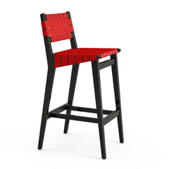 Knoll Risom Barstool with Red Cotton Webbing, Ebonized Maple Frame, and Black Aluminum Footcap