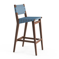 Knoll Risom Barstool with Steel Blue Cotton Webbing, Light Walnut Frame, and Polished Aluminum Footcap
