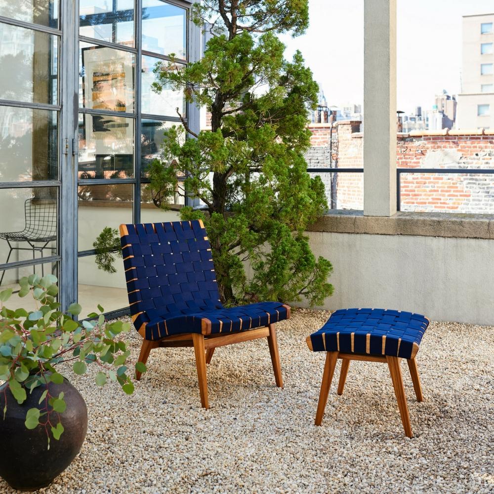 Knoll Risom Outdoor Lounge Chair and Ottoman in Navy Blue Sunbrella with Teak