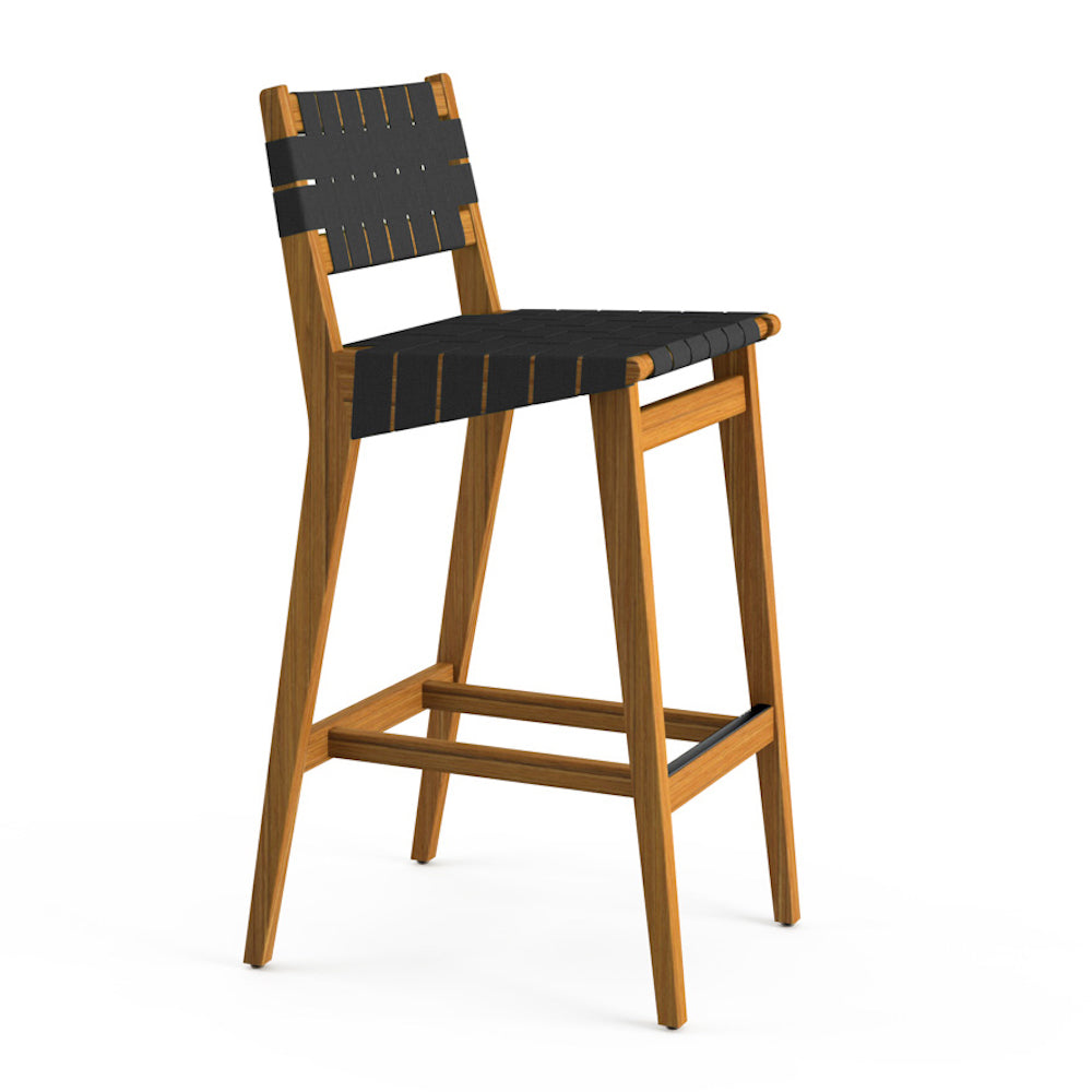 Risom Outdoor Teak Bar Stool with Black Footcap and Charcoal Sunbrella Webbing by Knoll