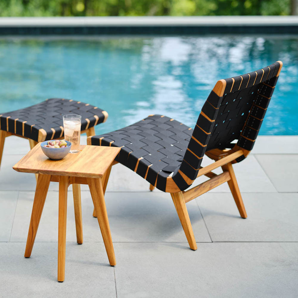 Knoll Risom Teak Side Table Square with Lounge Chair and Ottoman Poolside