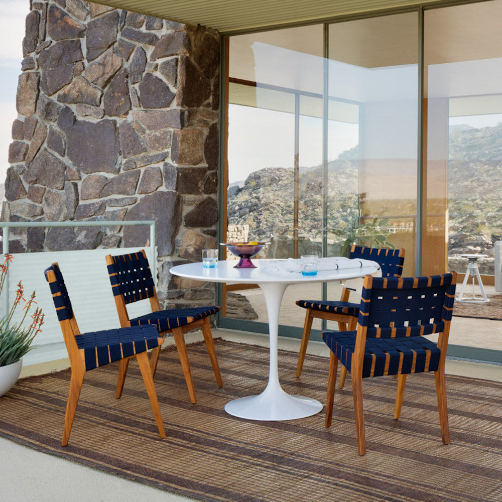 Knoll Saarinen Outdoor Dining Table with teak Risom Dining Chairs
