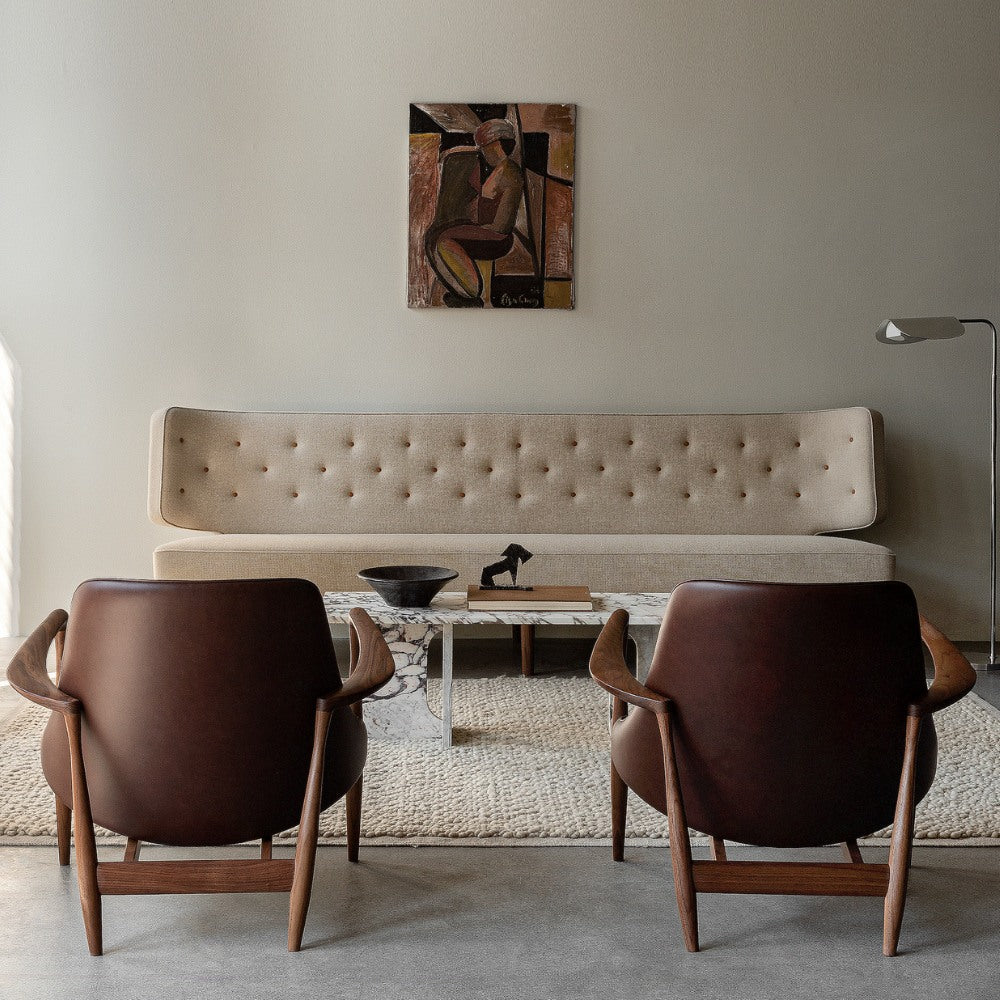 Icons by Menu Elizabeth Lounge Chair by Ib Kofod-Larsen in Living Room with with Radiohus Sofa