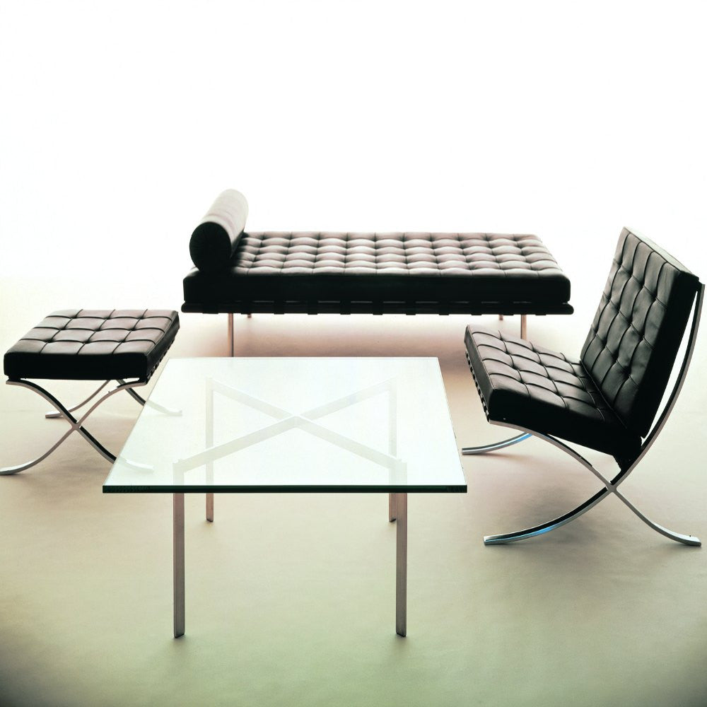 Mies van der Rohe Chrome and Glass Barcelona Table with Barcelona Chair, Couch, and Stool Knoll