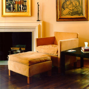 Mies van der Rohe Camel Leather Krefeld Lounge Chair and Ottoman by Fireplace Knoll