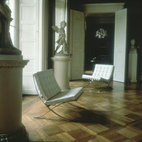 Mies van der Rohe Barcelona Chairs White in European Museum with Sculpture Knoll