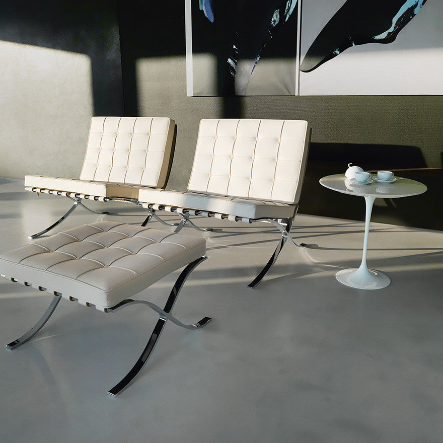 Mies van der Rohe Barcelona Chairs White with Barcelona Ottoman and Tulip Side Table Knoll