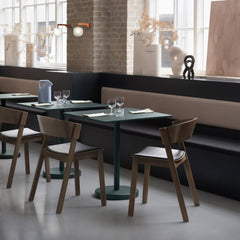 Muuto Cover Side Chairs with Refine Leather Black Seat and Stained Dark Brown Base by Thomas Bentzen