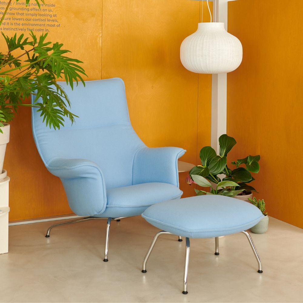 Muuto Doze Lounge Chair Light Blue in room with Strand Pendant Light