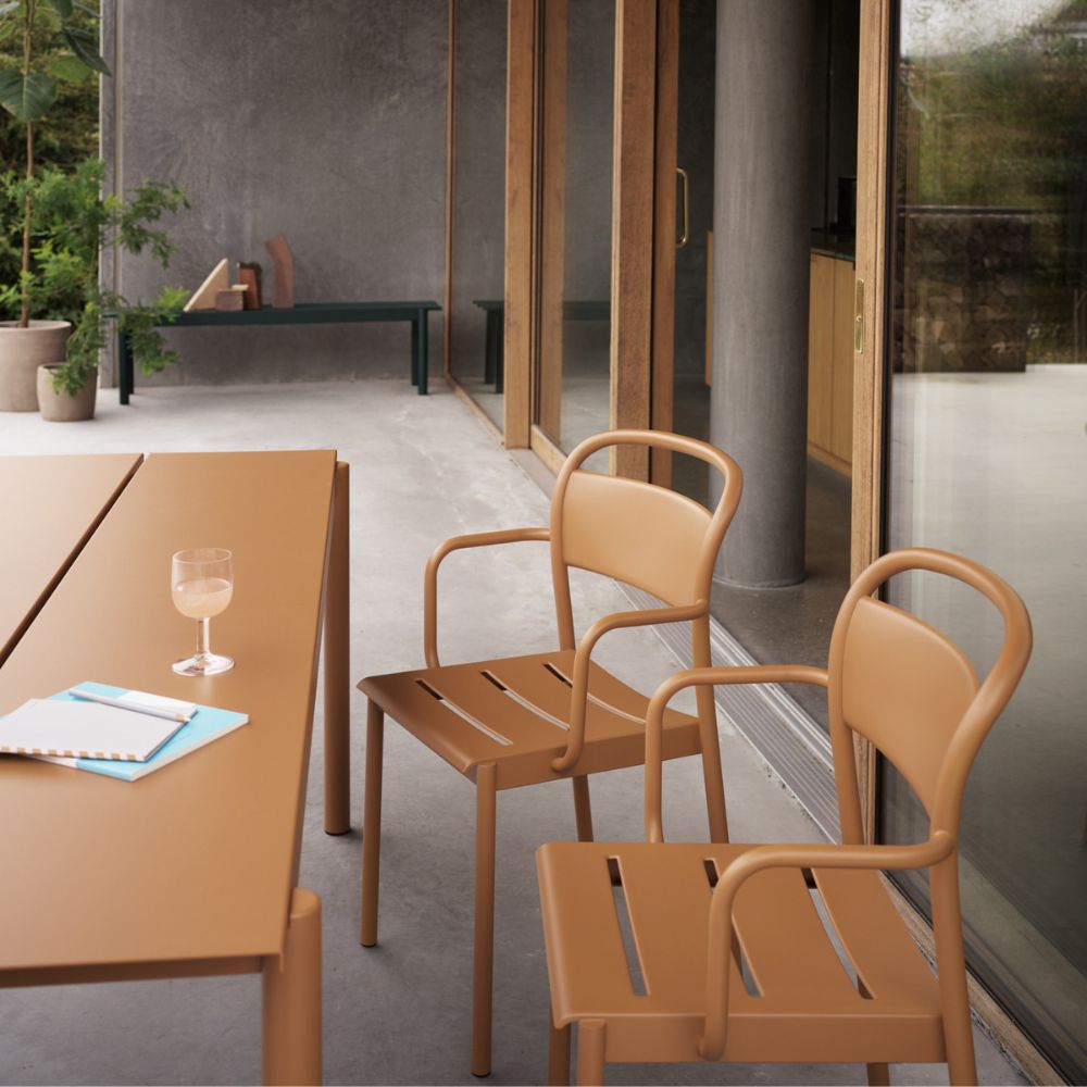 Muuto Linear Steel Dining Table and Chairs Burnt Orange Outdoors 