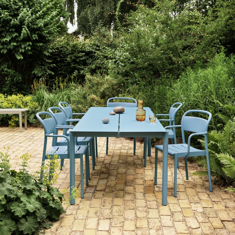 Muuto Linear Steel Dining Table and Chairs Pale Blue Outdoors 