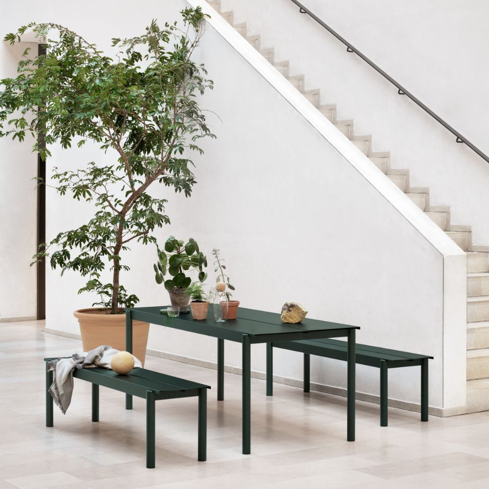 Muuto Linear Steel Dining Table and Chairs Dark Green Indoors 
