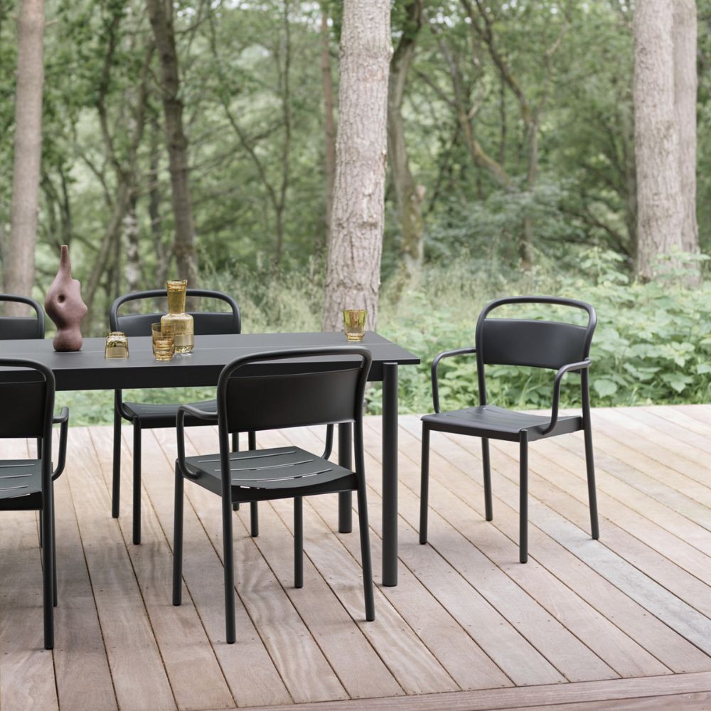 Muuto Linear Steel Dining Table and Chairs Black Outdoors 