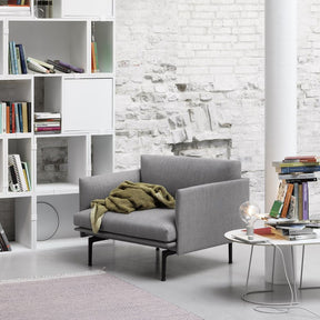 Muuto Outline Chair in room with Stacked Storage Shelves and Airy Coffee Table