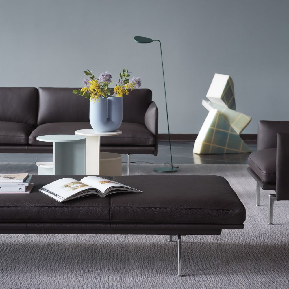 Muuto Outline Daybed and Sofa in room with Kink Vase and Leaf Floor Lamp