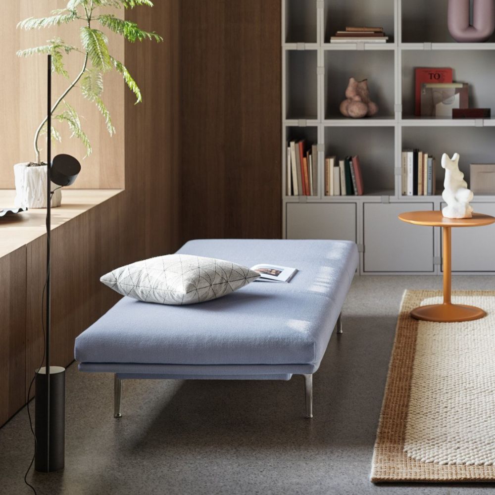Muuto Outline Daybed in room with Pebble Rug and Post Floor Lamp