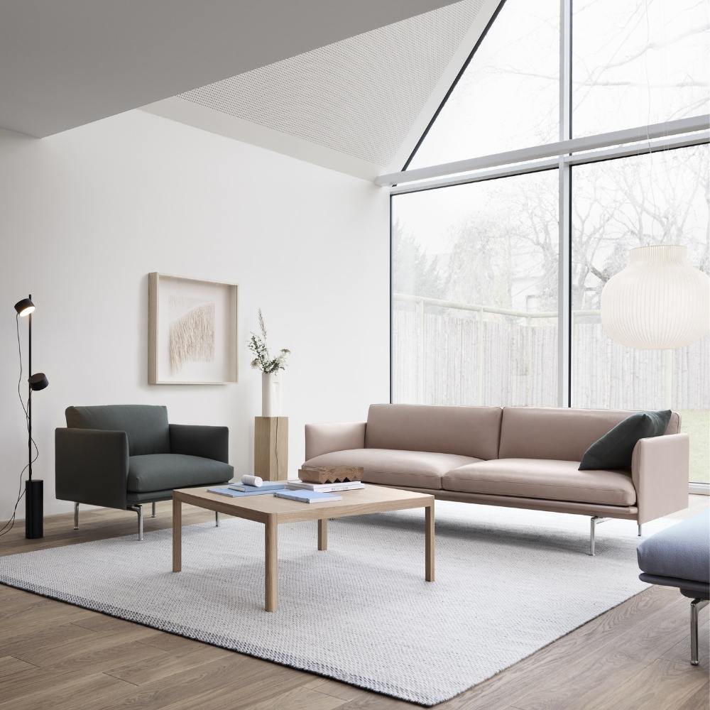 Muuto Outline Sofa and Chair in Living Room with Post Floor Lamp and Workshop Coffee Table