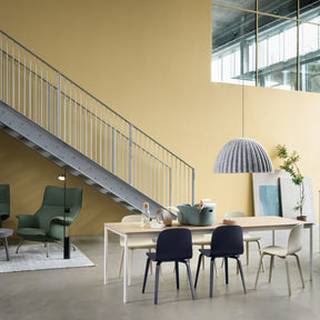 Muuto Visu Chairs with Doze Lounge Chair, Post Floor Lamp, and Under The Bell Pendant Lamp