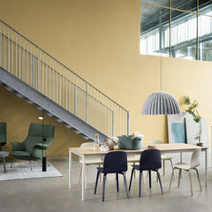 Muuto Visu Chairs with Doze Lounge Chair, Post Floor Lamp, and Under The Bell Pendant Lamp
