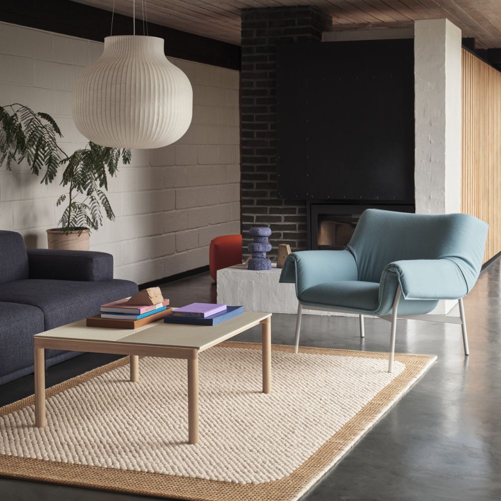 Muuto Wrap Lounge Chair by Normal Studio with Connect Soft Modular Sofa, Couple Coffee Table, and Pebble Rug