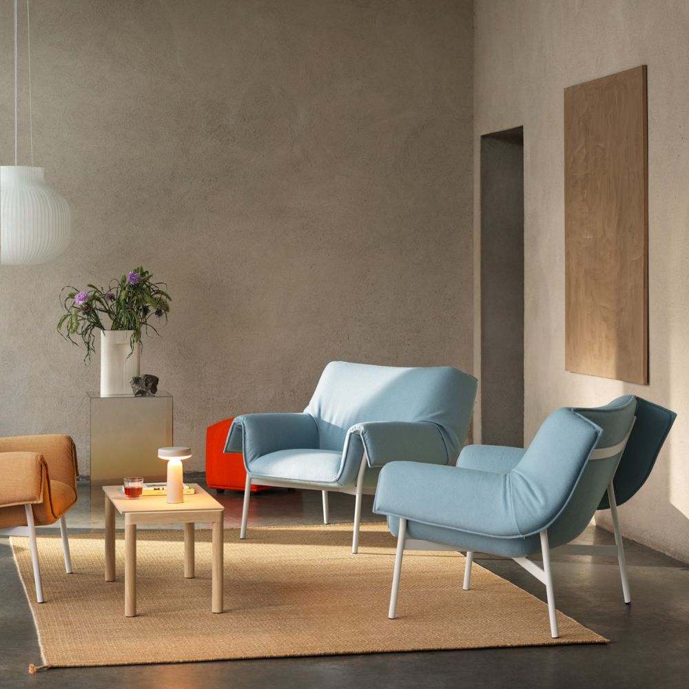 Muuto Wrap Lounge Chair by Normal Studio with Strand Pendant, Ply Rug, Echo Pouf, Ease Portable Lamp, and Couple Coffee Table