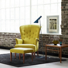 Yellow Frits Henningsen Heritage Chair in Room with Nana Utzon Rug ad Ole Wanscher Colonial Table Carl Hansen and Son