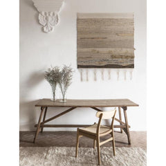 Nanimarquina Ilse Crawford Wellbeing Rug in room with Tapestry and Wegner CH23 Chair