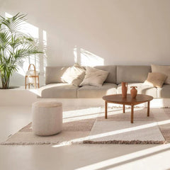 Nanimarquina Tres Vegetal Rug in Living Room with Cestita Lamp and Tres Vegetal Pouf