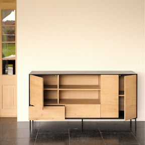 Ethnicraft Oak Blackbird Sideboard Doors and Drawers Open in Room