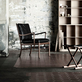 Ole Wanscher Egyptian Folding Stool in Room with Colonial Chair Black Leather Mahogany Carl Hansen and Son