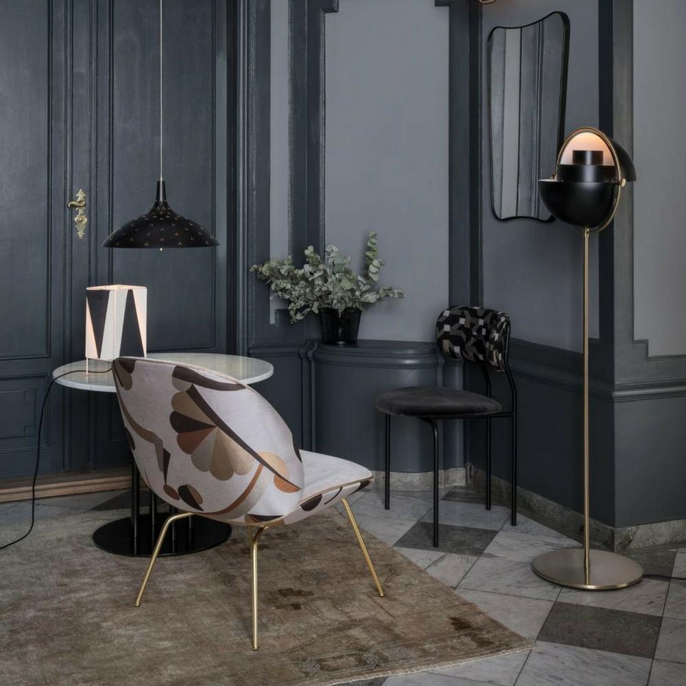 Paavo Tynell 1965 Pendant with Coco Chair, F.A. 33 Wall Mirror, Multi-Lite Floor Lamp, TS Column Lounge Table, B-4 Table Lamp, and Beetle Lounge Chair by GUBI
