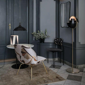 Paavo Tynell 1965 Pendant with Coco Chair, F.A. 33 Wall Mirror, Multi-Lite Floor Lamp, TS Column Lounge Table, B-4 Table Lamp, and Beetle Lounge Chair by GUBI