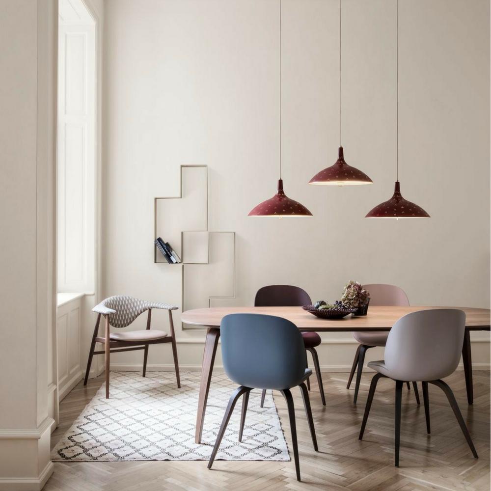 Paavo Tynell 1965 Pendant with Masculo Dining Chair, Beetle Dining Chairs, Eliptical Dining Table, and Dédal Shelf by GUBI