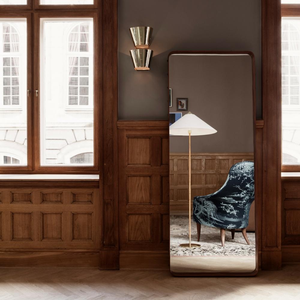 Paavel Tynell's 9602 Floor Lamp and 9464 Wall Lamp with Adnet Wall Mirror and Adam Lounge Chair by GUBI