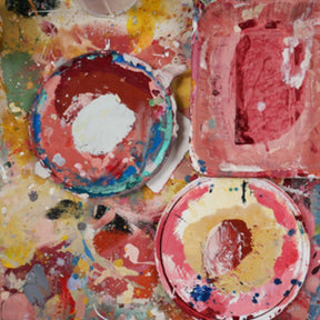 Pink Red Yellow Paints in studio of Claudia Valsells Tones Rugs for Nanimarquina