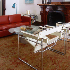 Platner Coffee Table in room with cream leather Wassily chairs and red leather Pfister sofa