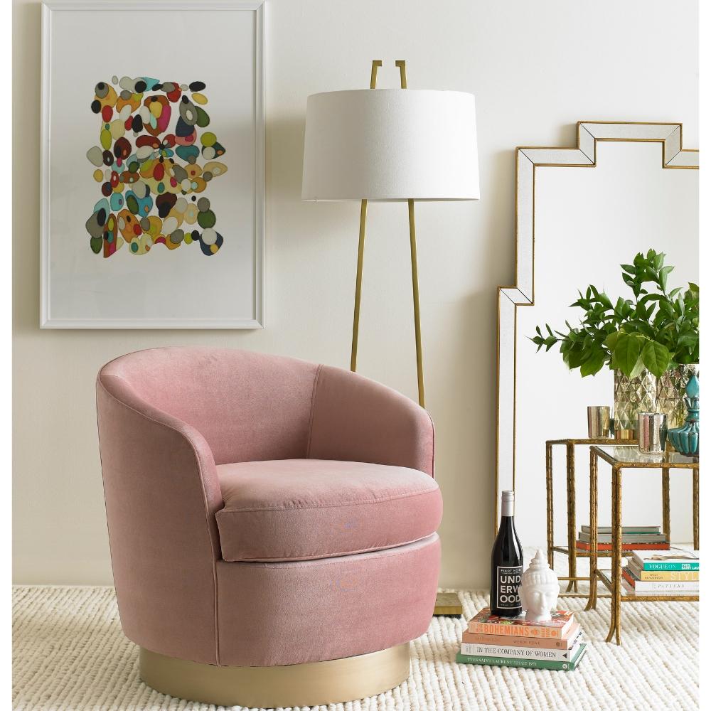 Precedent Claudia Swivel Chair Pale Pink Velvet with Champagne Base in Living Room 