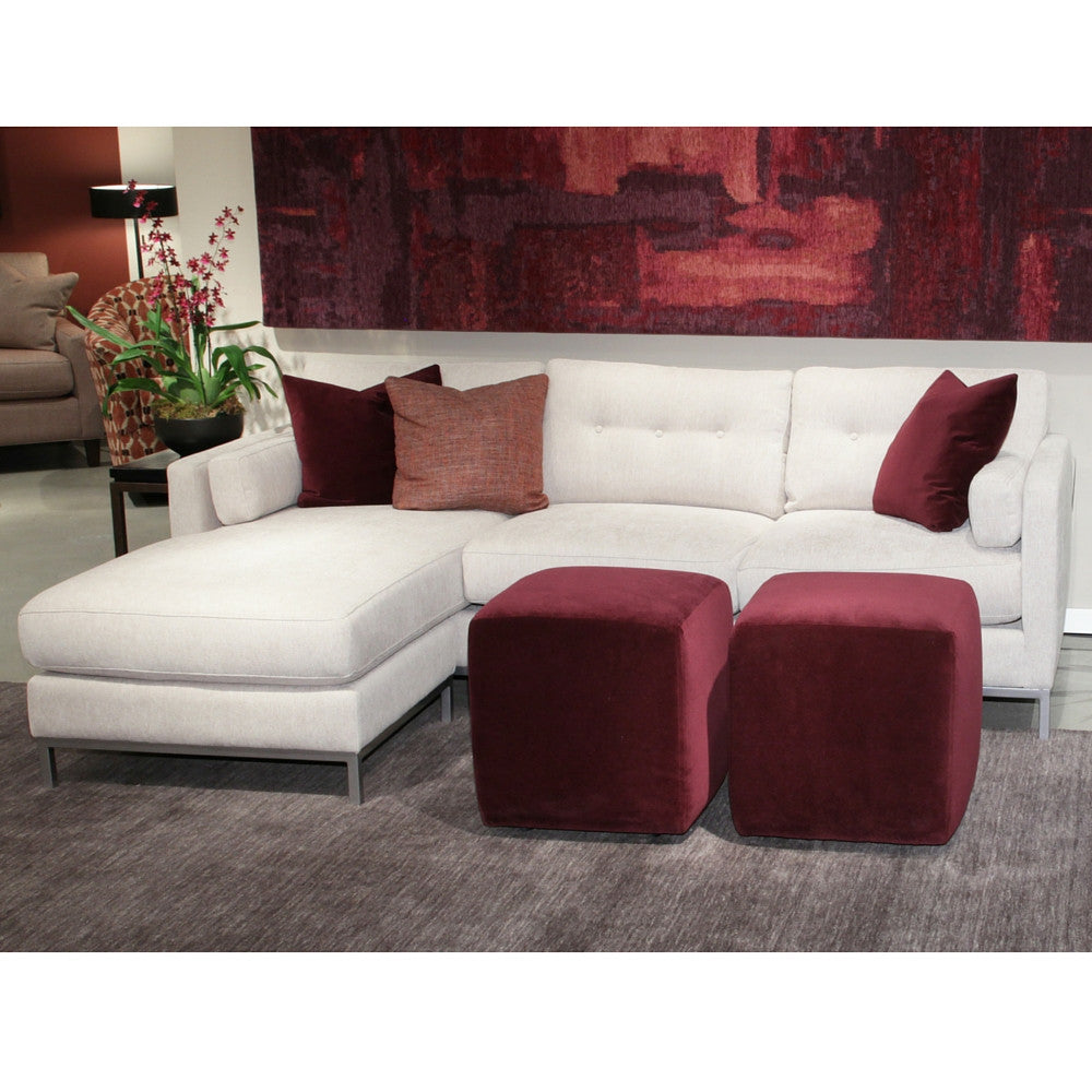 Precedent Furniture Preston Sofa in Room with Red Velvet Ottomans