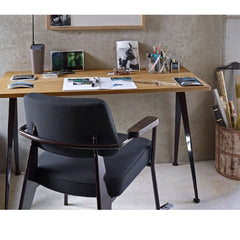 Prouve Fauteuil Direction Chair Black with Compas Direction Desk in Room Closeup Vitra