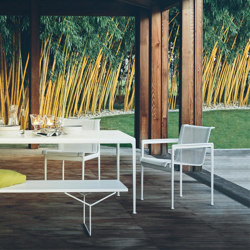 Knoll Richard Schultz Rectangular 1966 Dining Table with Bertoia Bench outdoors