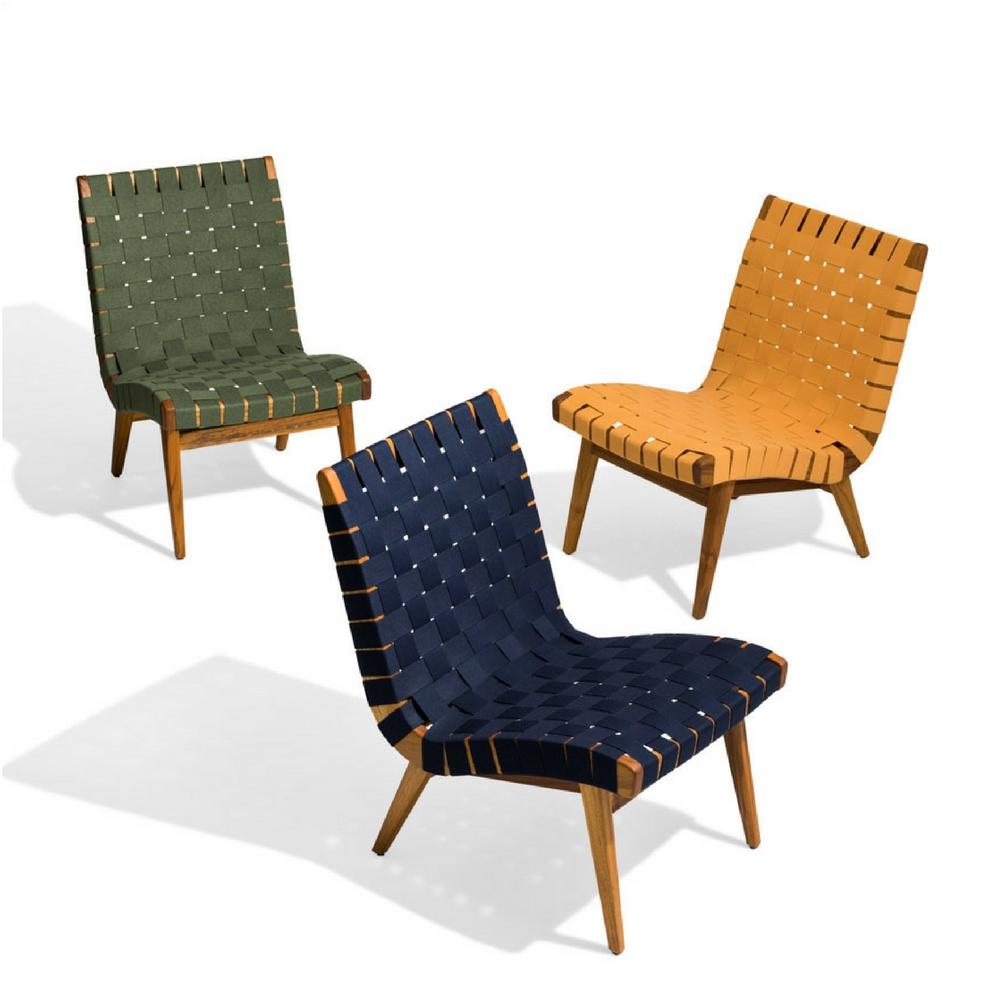 Risom Outdoor Lounge Chairs (Navy, Ochre, and Fern Subrella Webbing) by Knoll