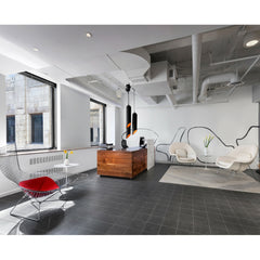 White Leather Womb Chairs with Bertoia Bird Chair in Office Reception Area Knoll
