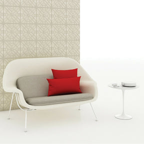 Saarinen Womb Settee in Split Upholstery with Red Pillows and Saarinen Side Table